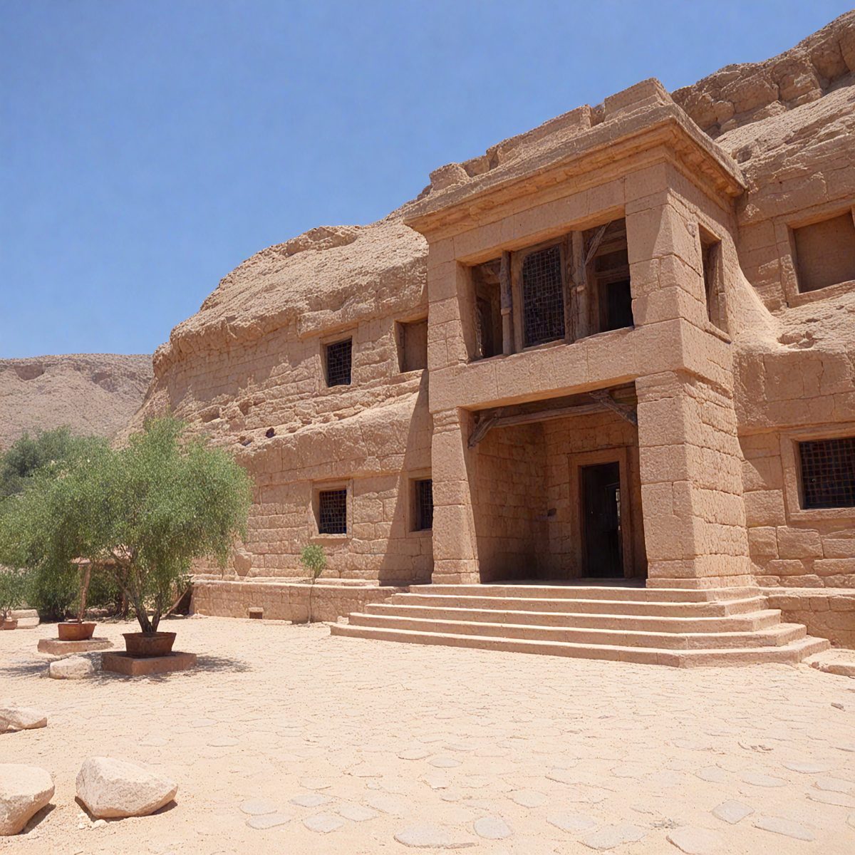 The image features a large, sandstone building with a large, open space in the background. The building is surrounded by a large, rocky landscape, with a large, open space in the middle. There is a large, open space in the middle of the building, with a large, open space in the middle of the building. There are several steps leading up to the building, with a large, open space in the middle of the building. There is a small, green tree in the middle of the building, which is positioned